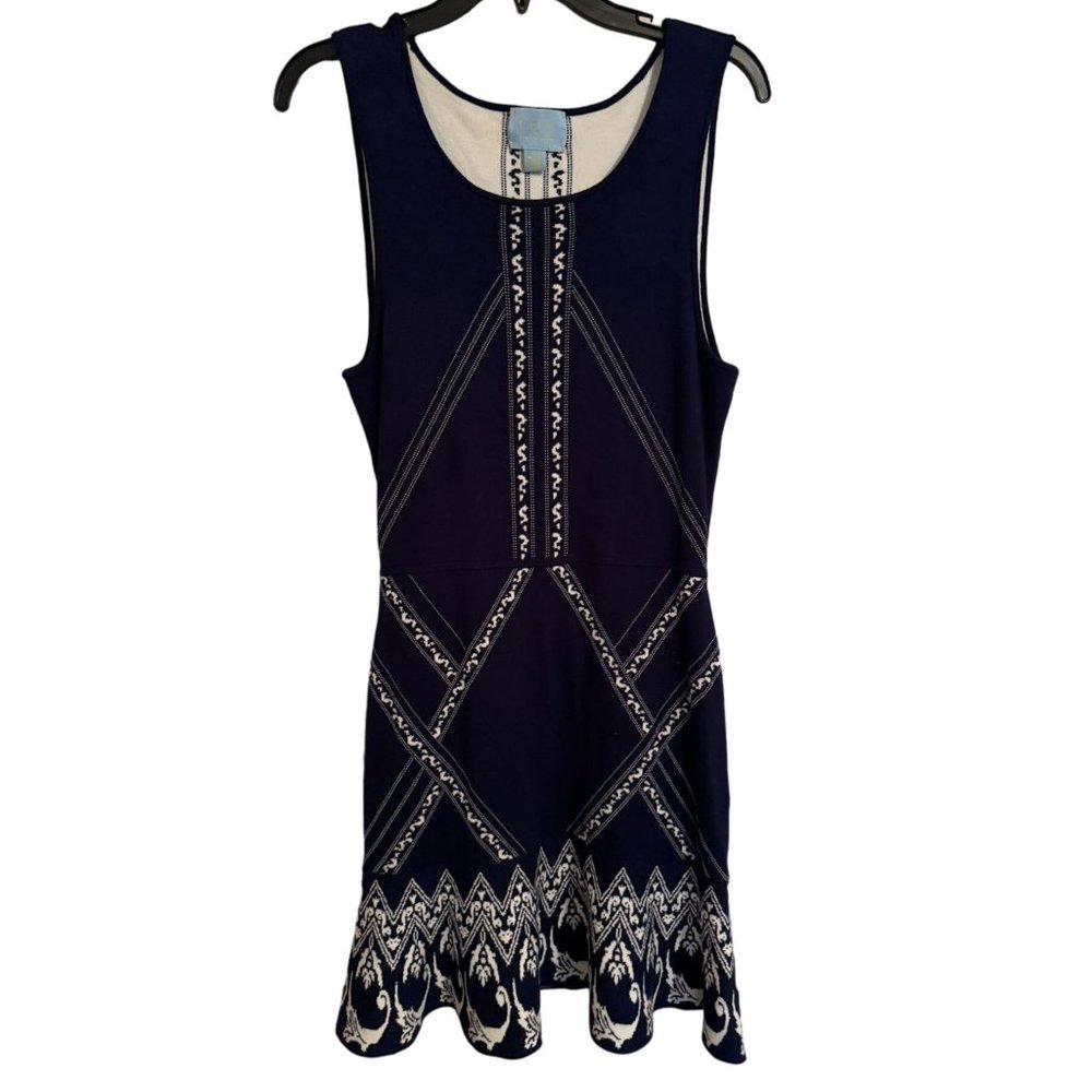 CeCe Cynthia Steffe Navy Blue Ivory Geometric Knit Fit Flare Mini Dress M‎ f1